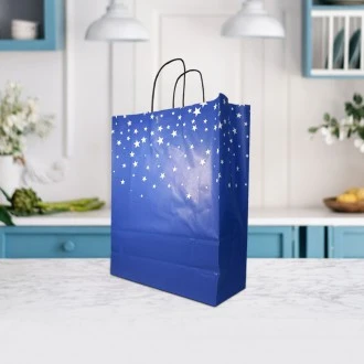 VZ Blue Paper Gift Bags with White Star Patterns - 41cm H x 12cm L x 32cm W - Large