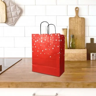 VZ Red Paper Gift Bags with White Star Patterns - 31cm H x 12cm L  x 26cm W - Medium