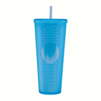Gleamy Studded Double-Walled Tumbler with  Lid and Straw - Iridescent Blue  