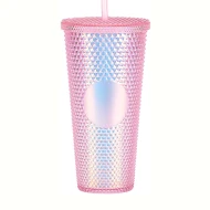 Gleamy Studded Double-Walled Tumbler with Lid and Straw - Iridescent Pink, 710ml