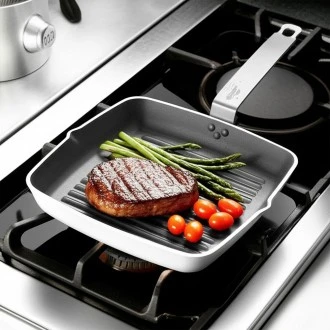 Neville Genware Non Stick Teflon Aluminium Square Ribbed Skillet, 24cm