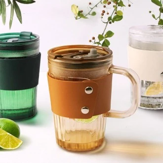 Diamond Glass Coffee Sipper Mug with leather grip - Brown