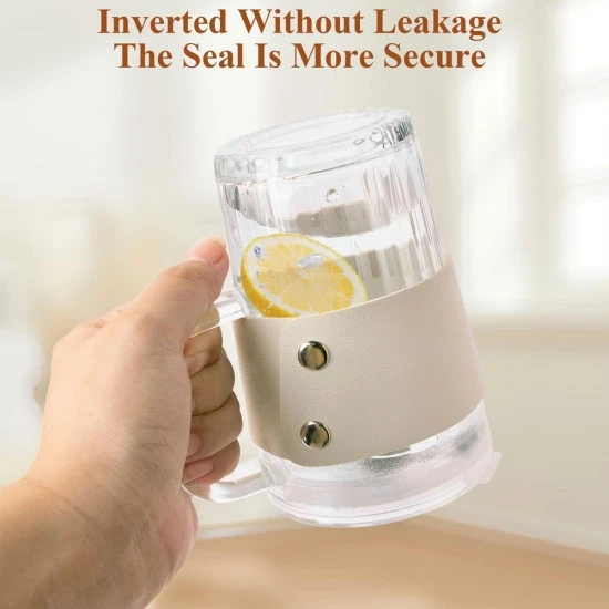 Diamond Borosilicate Glass Coffee Sipper Mug with leather grip, Cream