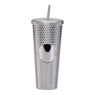 Gleamy Studded Double-Walled Tumbler with  Lid and Straw - Silver, 710 ml