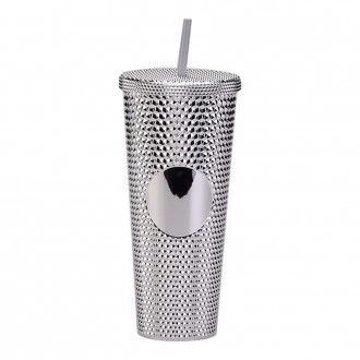 Gleamy Studded Double-Walled Tumbler with  Lid and Straw - Silver, 710 ml