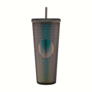 Gleamy Studded Double-Walled Tumbler with Lid and Straw - Iridescent Midnight Black, 710 ml