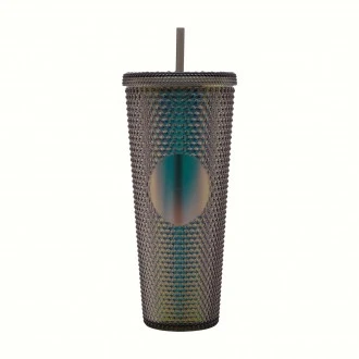 Gleamy Studded Double-Walled Tumbler with Lid and Straw - Iridescent Midnight Black, 710 ml