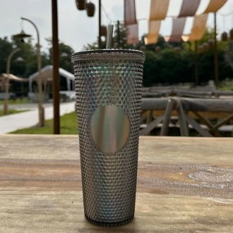 Gleamy Studded Double-Walled Tumbler with Lid and Straw - Iridescent Midnight Black, 710 ml