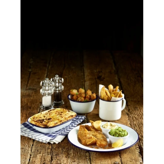 Neville Genware Enamel Round Deep Pie Dish, White & Blue 