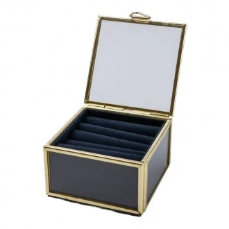 Candlelight Metal Frame Glass Jewellery Box With Navy Fabric Lining