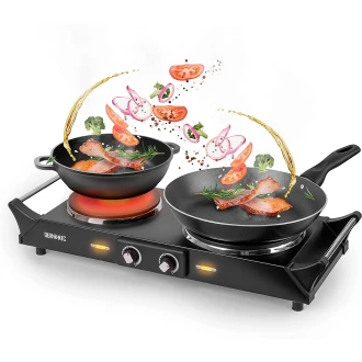 Duronic Portable Electric Hot Plate Hob Cooktop Double Boiling Ring Cooker 2500W Black Table Top Hotplate (1500W & 1000W) with Handles