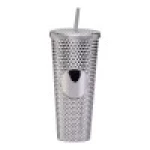 Discount Gleamy Studded Double-Walled Tumbler with  Lid and Straw - Silver, 710 ml. Cracked on the outside