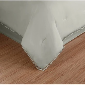 Superior Pom-Pom Fringe Comforter Set with Pillow Shams, Luxurious & Soft Brushed Microfiber, Wrinkle Resistant, Full/Queen, Grey