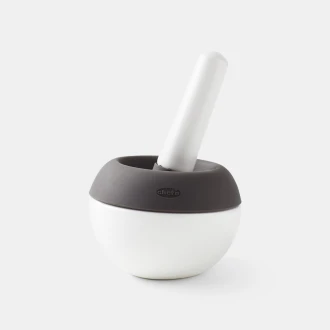 Chef’n Mortar and Pestle Spiceball Set with Lid, Splashproof White Ceramic Spice Grinder Bowl & Grey Silicone Lid