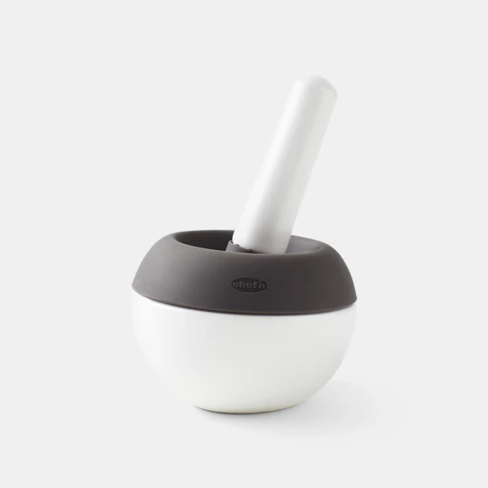Chef’n Mortar and Pestle Spiceball Set with Lid, Splashproof White Ceramic Spice Grinder Bowl & Grey Silicone Lid