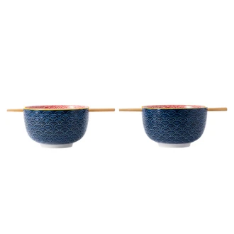 World of Flavours Set of 2 Noodle Bowls and Chopsticks, Stoneware