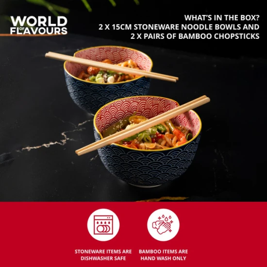 World of Flavours Set of 2 Noodle Bowls and Chopsticks, Stoneware