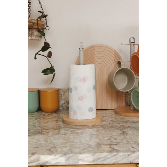 KitchenCraft Idilica Metal Kitchen Roll Holder with Beechwood Base