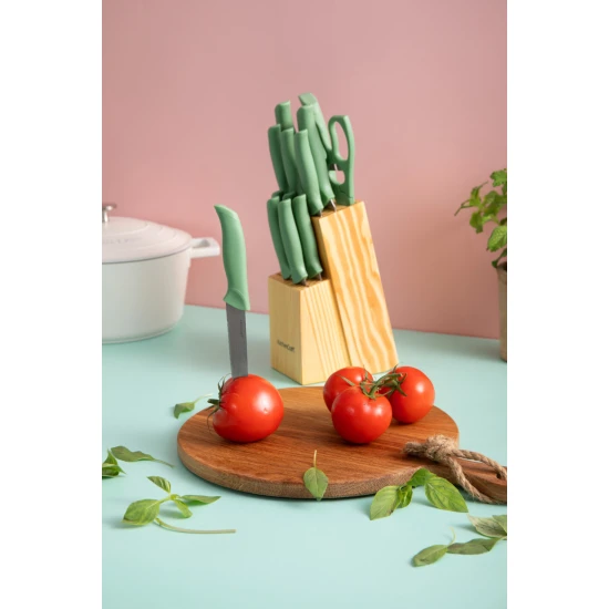 KitchenCraft 14pc Knife Block Set with 7 Knives and a Pair of Kitchen Shears, Green