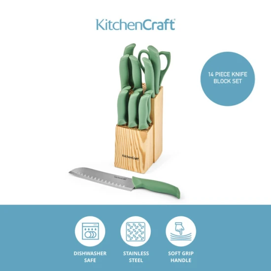 KitchenCraft 14pc Knife Block Set with 7 Knives and a Pair of Kitchen Shears, Green