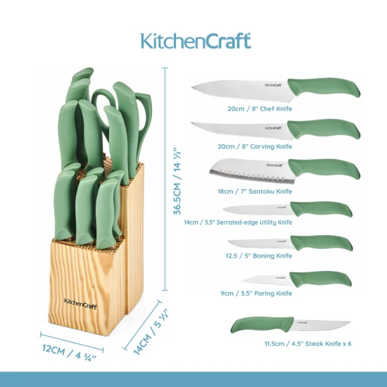 KitchenCraft 14pc Knife Block Set with 7 Knives and a Pair of Kitchen Shears, Green