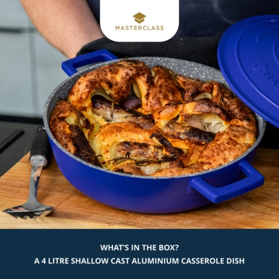 MasterClass Electric Blue Cast Aluminium Shallow Casserole Dish, 28cm, 4L