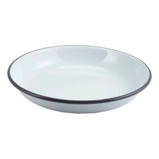 Neville Genware Enamel Rice/ Pasta Plate White with Grey Rim, 20cm