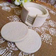 Undugu Etched Natural Handcrafted SoapStone Coasters + Holder, Set of 6 