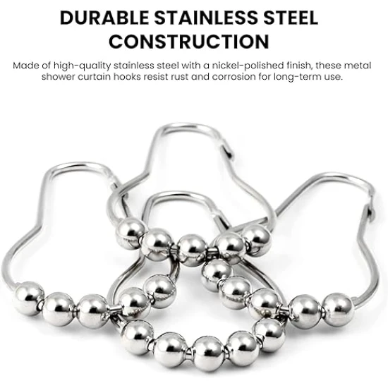 VZ Silver Stainless Steel 12 PCS Shower Curtain Rings with Roller Balls