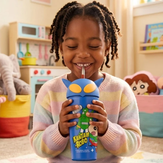 VZ Crayon Anime Stainless Steel Thermos Tumbler Mug – 600ml with Straw - BLUE