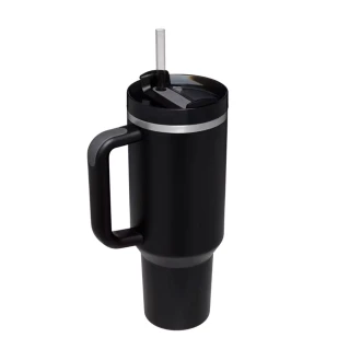 VeeZee Vacuum Insulated Tumbler Cup With Handle and Straw, Black - 40oz / 1.1 Liters
