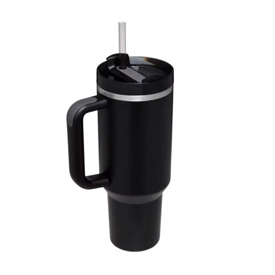 VeeZee Vacuum Insulated Tumbler Cup With Handle and Straw, Black - 40oz / 1.1 Liters