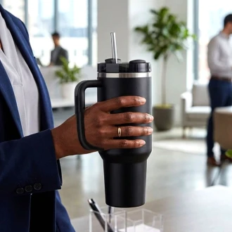 VeeZee Vacuum Insulated Tumbler Cup With Handle and Straw, Black - 40oz / 1.1 Liters