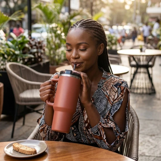 VeeZee Vacuum Insulated Tumbler Cup With Handle and Straw, Dusty Red - 40oz / 1.1 Liters