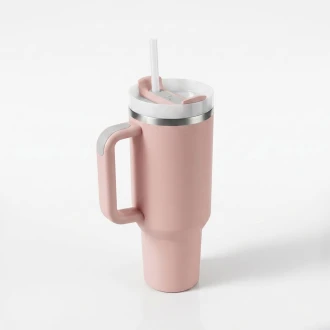 VeeZee Vacuum Insulated Tumbler Cup With Handle and Straw, Pale Pink - 40oz / 1.1 Liters