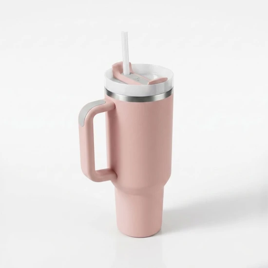 VeeZee Vacuum Insulated Tumbler Cup With Handle and Straw, Pale Pink - 40oz / 1.1 Liters