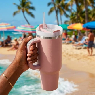 VeeZee Vacuum Insulated Tumbler Cup With Handle and Straw, Pale Pink - 40oz / 1.1 Liters