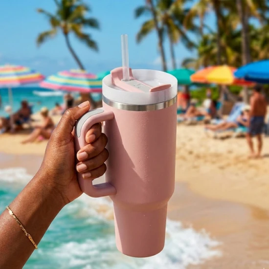 VeeZee Vacuum Insulated Tumbler Cup With Handle and Straw, Pale Pink - 40oz / 1.1 Liters