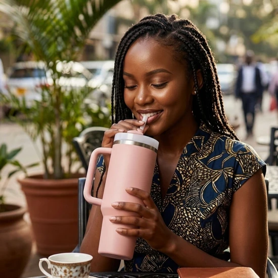 VeeZee Vacuum Insulated Tumbler Cup With Handle and Straw, Pale Pink - 40oz / 1.1 Liters