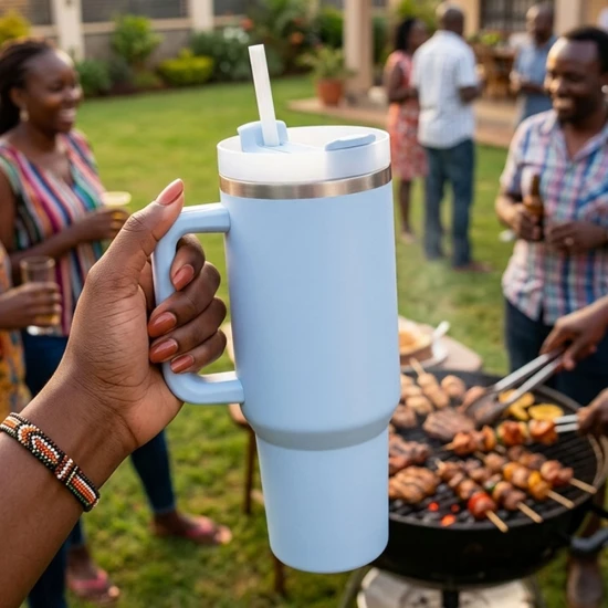 VeeZee Vacuum Insulated Tumbler Cup With Handle and Straw, Sky Blue - 40oz / 1.1 Liters