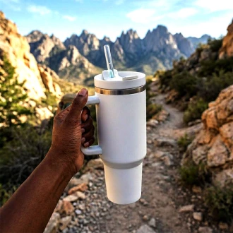 VeeZee Vacuum Insulated Tumbler Cup With Handle and Straw, White - 40oz / 1.1 Liters