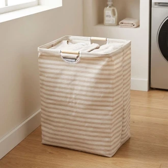 VZ Laundry Basket, Foldable Laundry Hamper, 60 Liters, Khaki and White