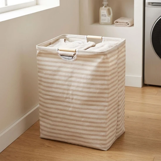 VZ Laundry Basket, Foldable Laundry Hamper, 60 Liters, Khaki and White