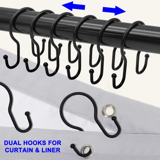 VZ Double Shower Curtain Hooks Rings,12 Pcs Rustproof Metal Shower Hooks for Shower Curtain,Glide Smoothly Double Shower Rings for Curtain,Shower Curtain Hangers Rings for Bathroom Shower Rod(Black)