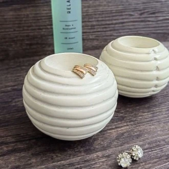 Undugu Groved Lines Round  Soapstone Handcrafted Tealight Holder, Natural White