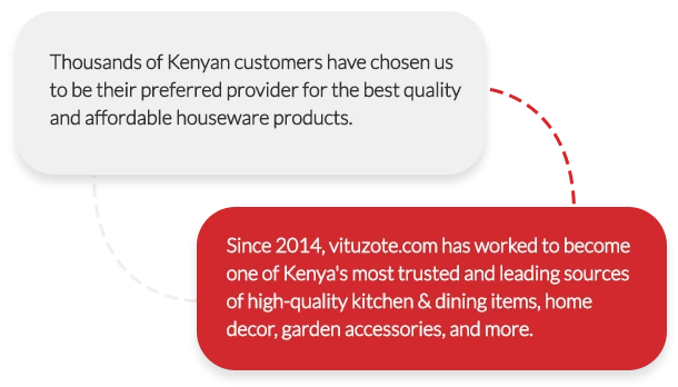 Thousands of Kenyan customers have chosen us to be their preferred provider for the best quality and affordable houseware products.  Since 2014, vituzote.com has worked to become one of Kenya's most trusted and leading sources of high-quality kitchen & dining items, home decor, garden accessories, and more.