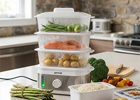 Electric food steamer Kenya — Duronic 3 tier steamer for vegetables rice fish and eggs