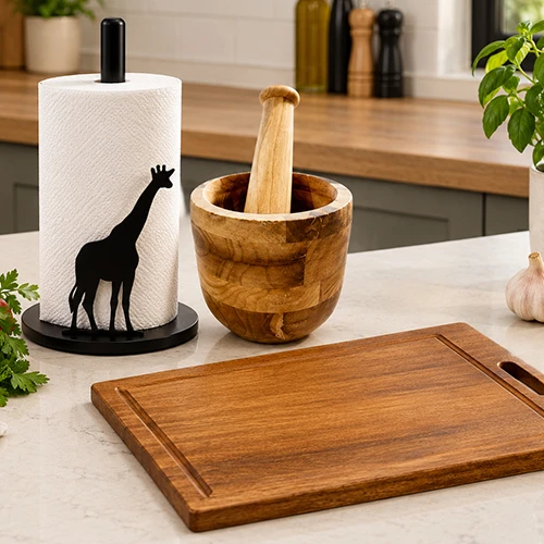 Zuri giraffe kitchen roll holder, SunnyDaze Meru oak mortar and pestle, and mahogany hardwood rectangular chopping board displayed on a kitchen countertop.