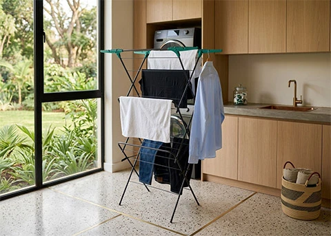 Indoor laundry drying solutions for rainy season Kenya — Swan tiered airer and retractable clothesline