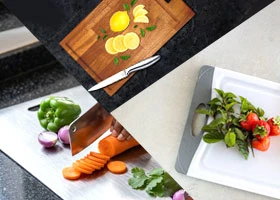 Wooden bamboo and plastic chopping boards variety